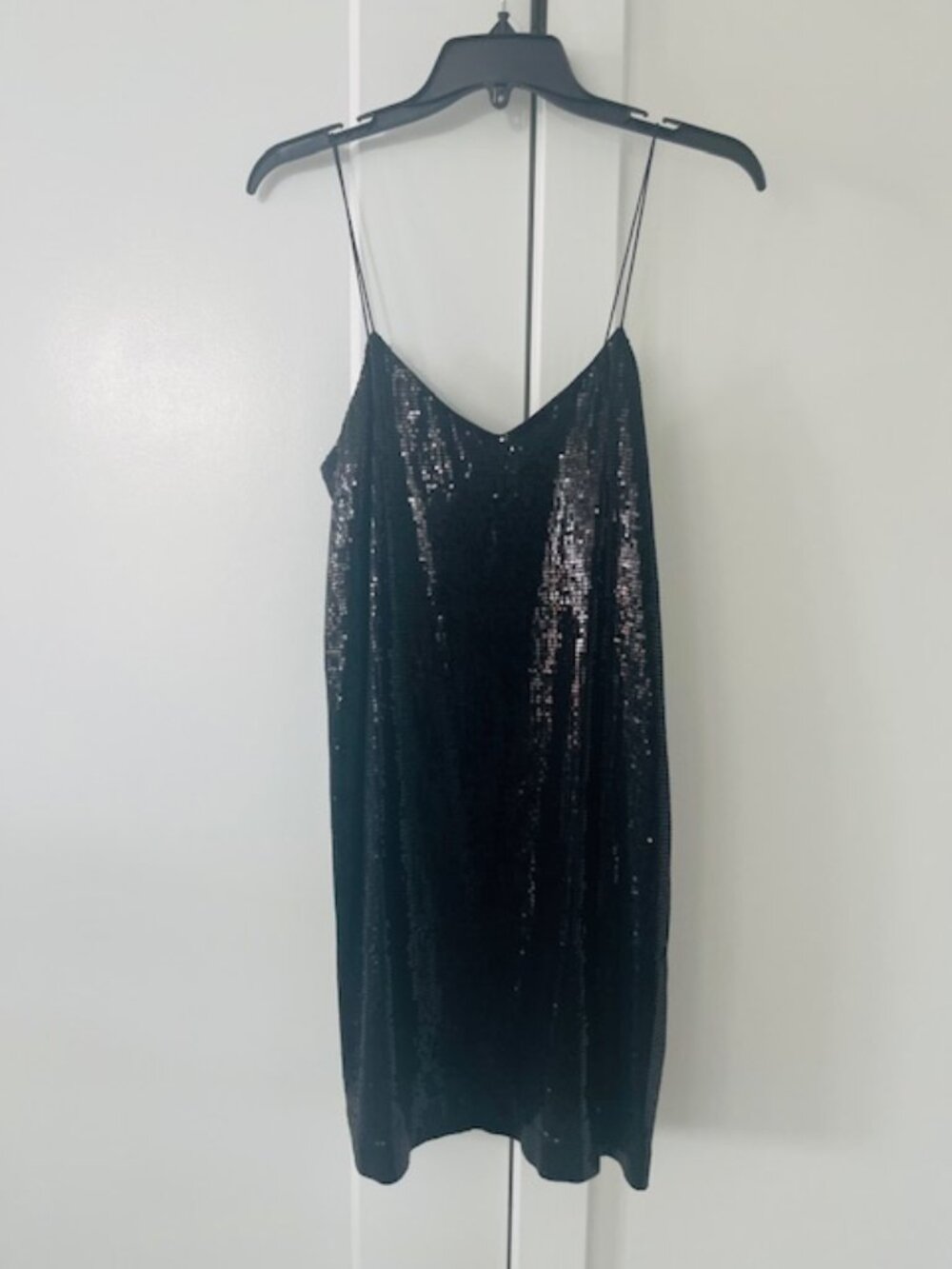 Short spaghetti strap black sequin dress